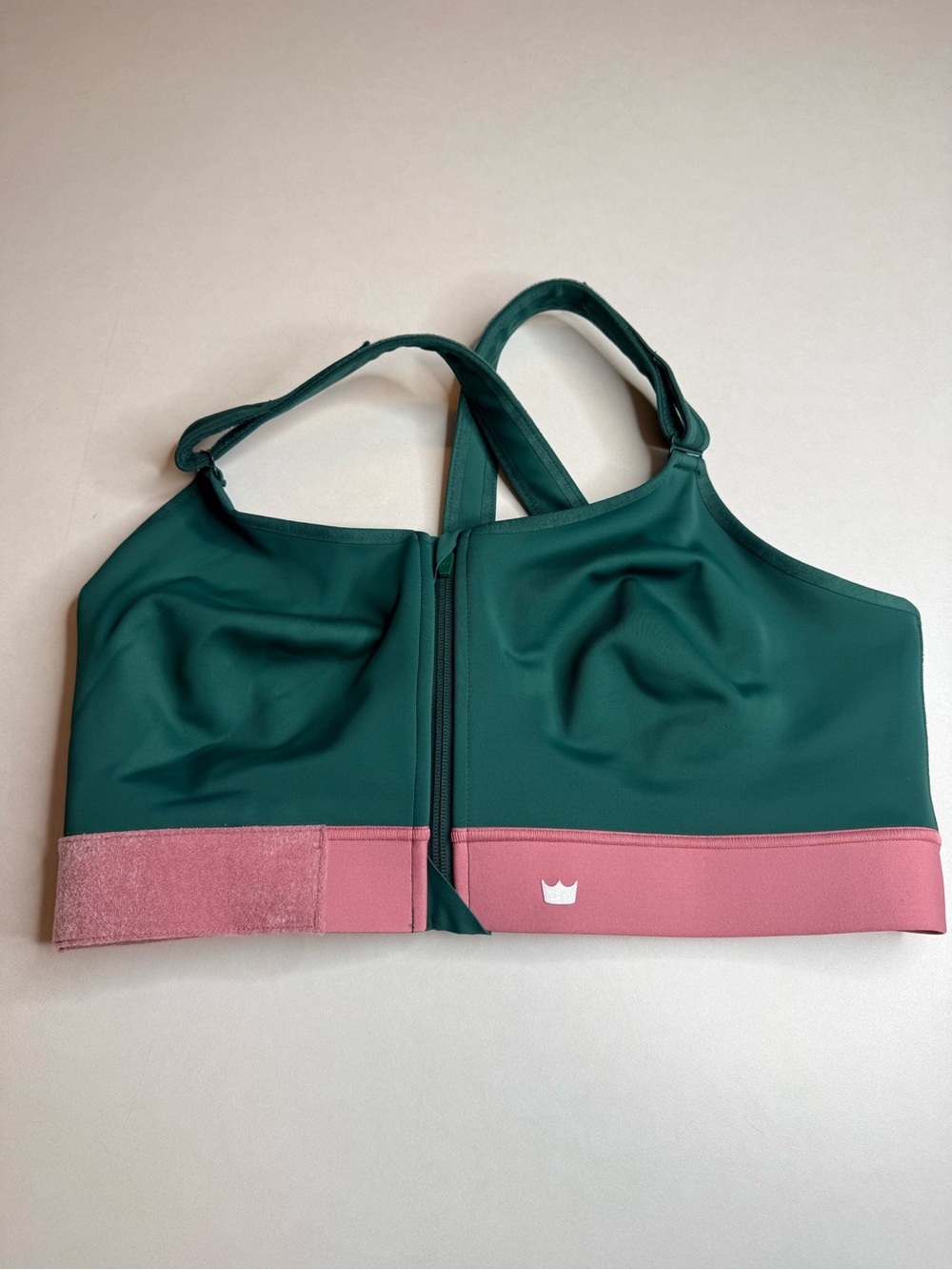 SheFit Ultimate Sports Bra 5Luxe Green Pink High Impact Zip Front Adjustable